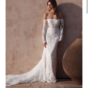 MillaNova Off-Shoulder Lace Wedding Dress in White